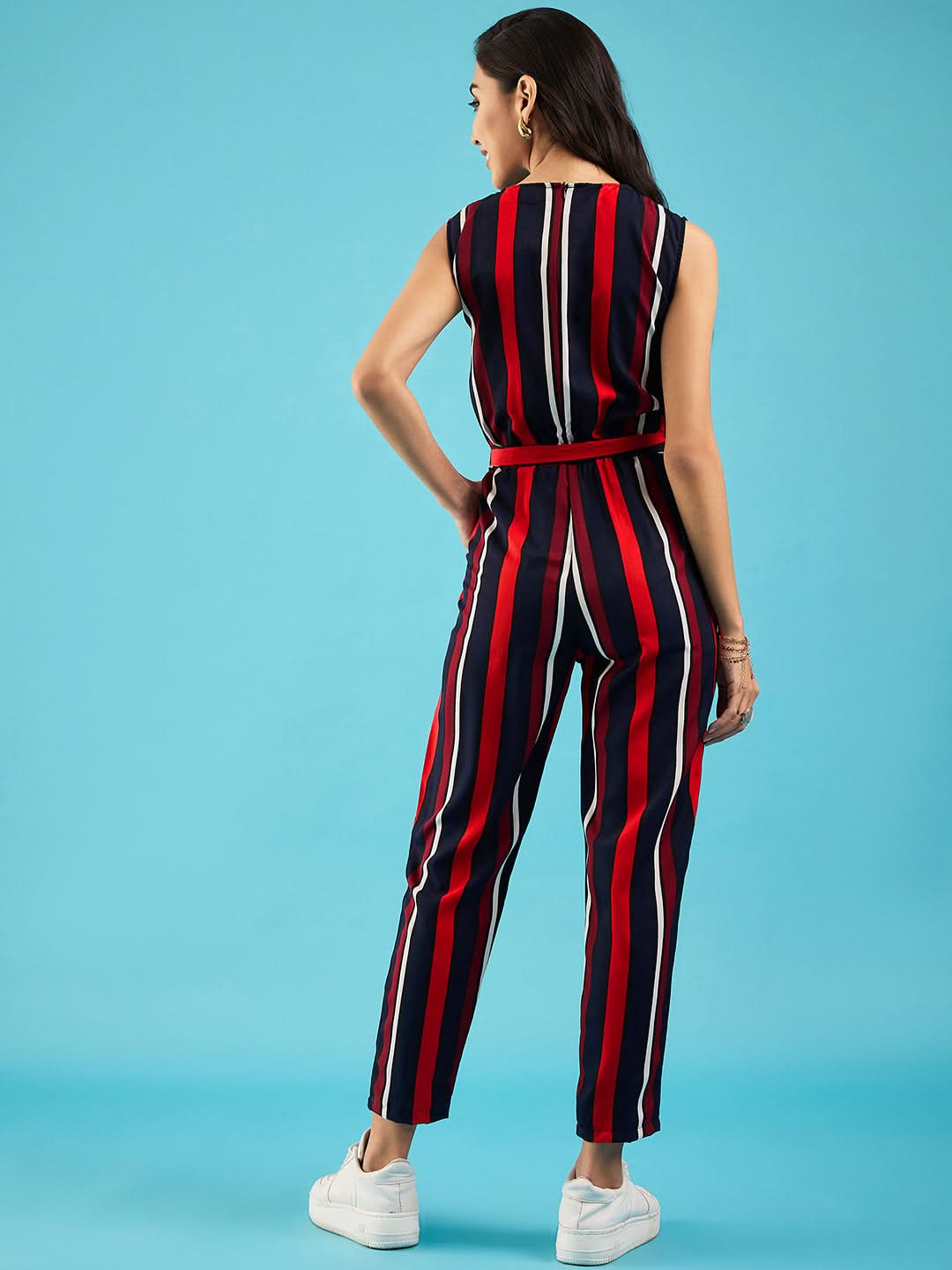 Striped Keyhole Jumpsuit with Belt - Uptownie