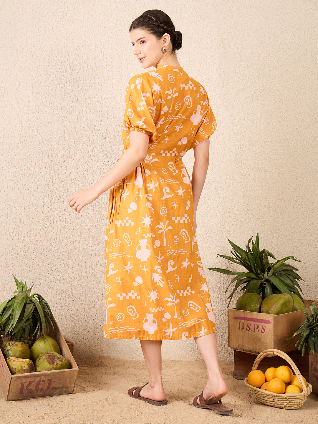 Cotton Side Waist Tie-Up Midi Dress - Uptownie