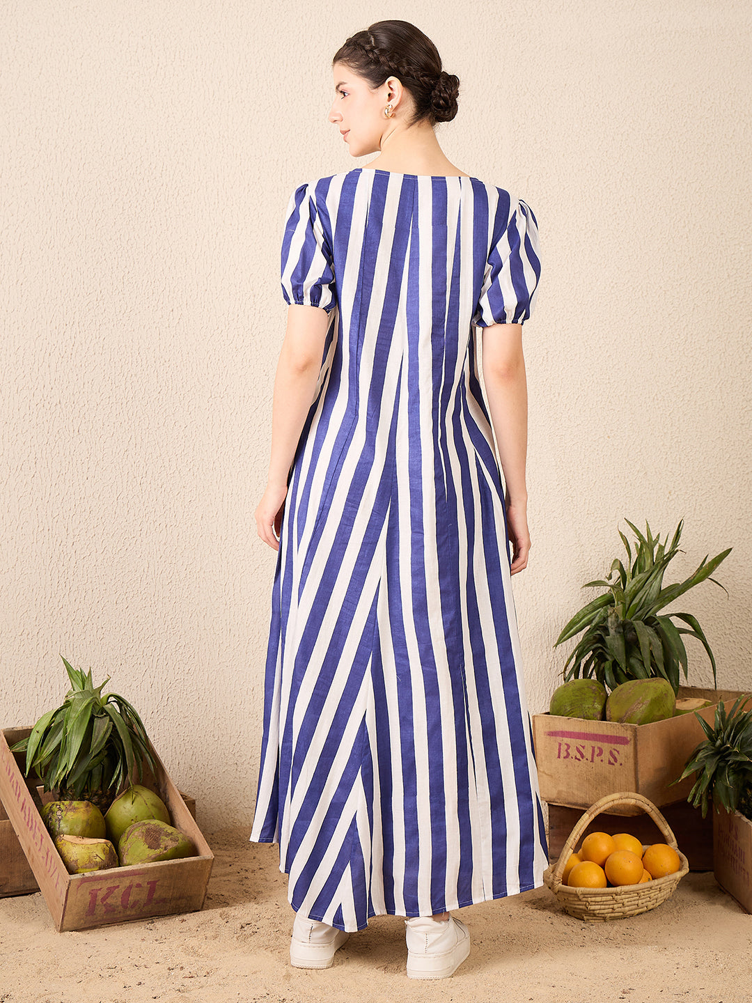 Puff Sleeve A-Line Cotton Maxi Dress - Uptownie