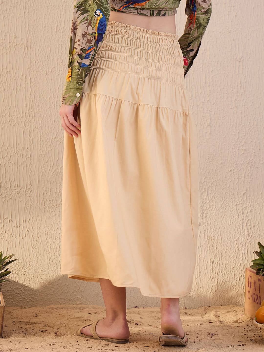 Smocked High-waist Cotton Midi Skirt - Uptownie
