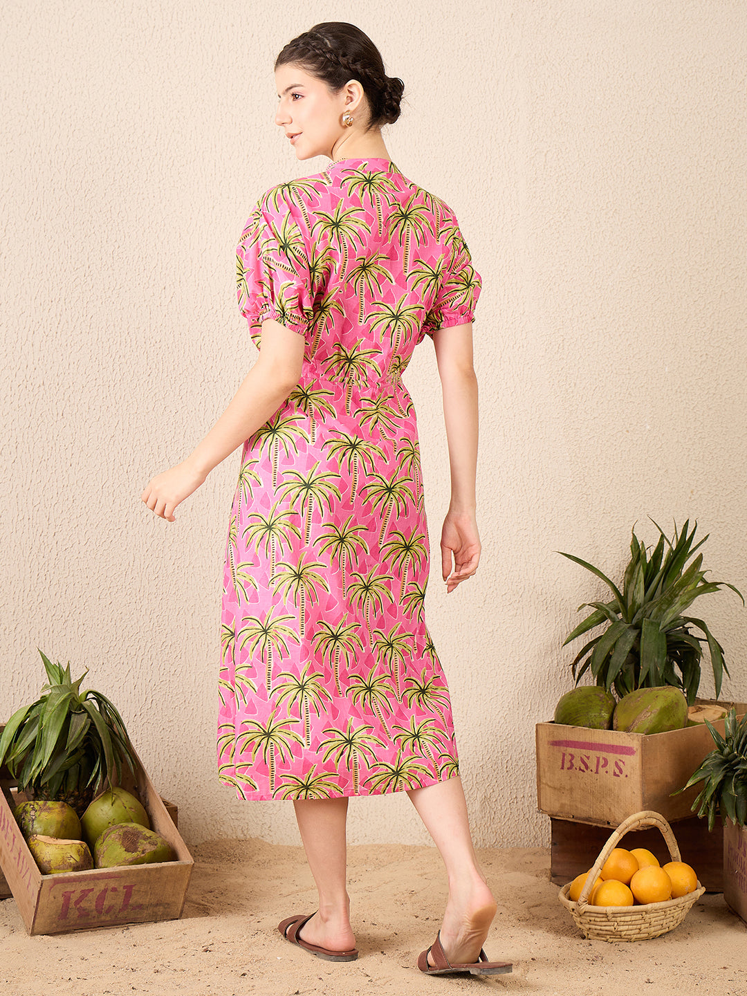 Cotton Side Waist Tie-Up Midi Dress - Uptownie