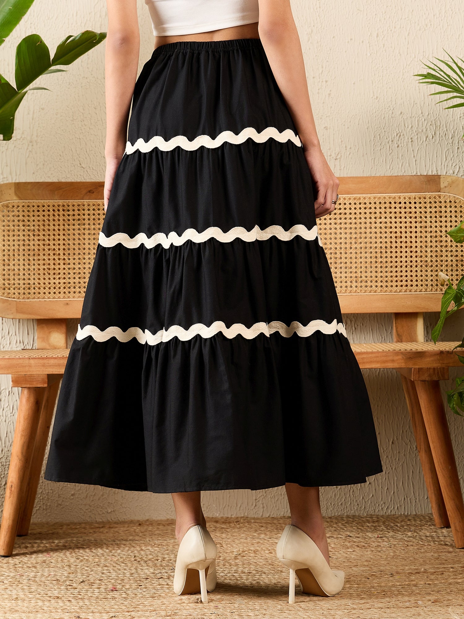 Ric-Rac Cotton Tiered Midi Skirt - Uptownie