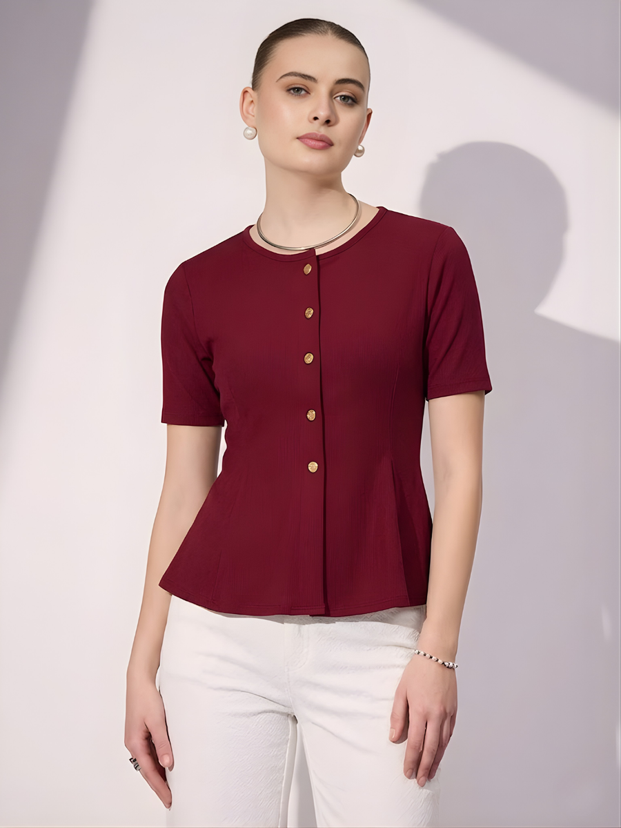 Stretchable Ribbed Flared Peplum Top