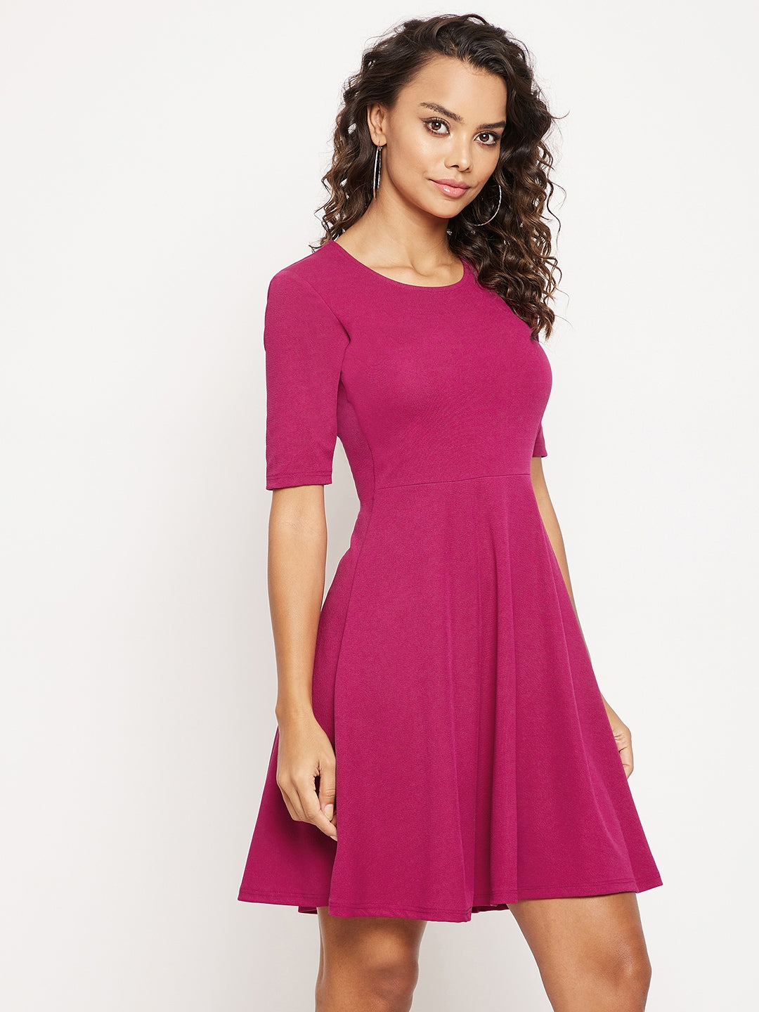 Round Neck Stretchable Skater Cotton Dress - Uptownie