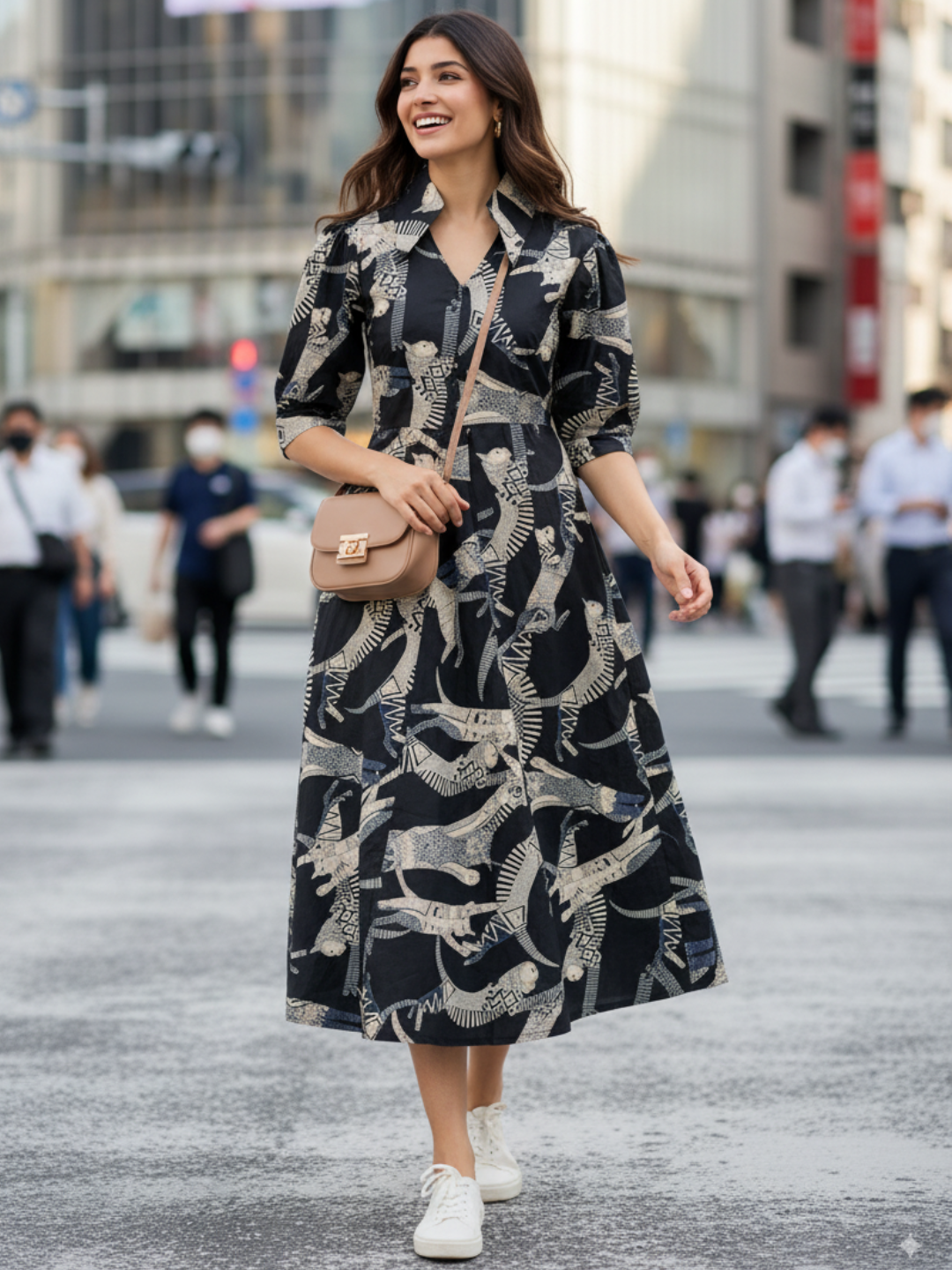 Front Pleated Cotton Midi Dress - Uptownie