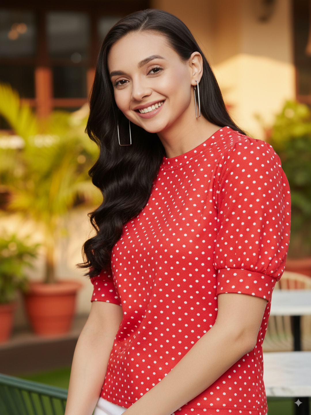 Cotton Polka Stretchable Puff Sleeve Top - Uptownie