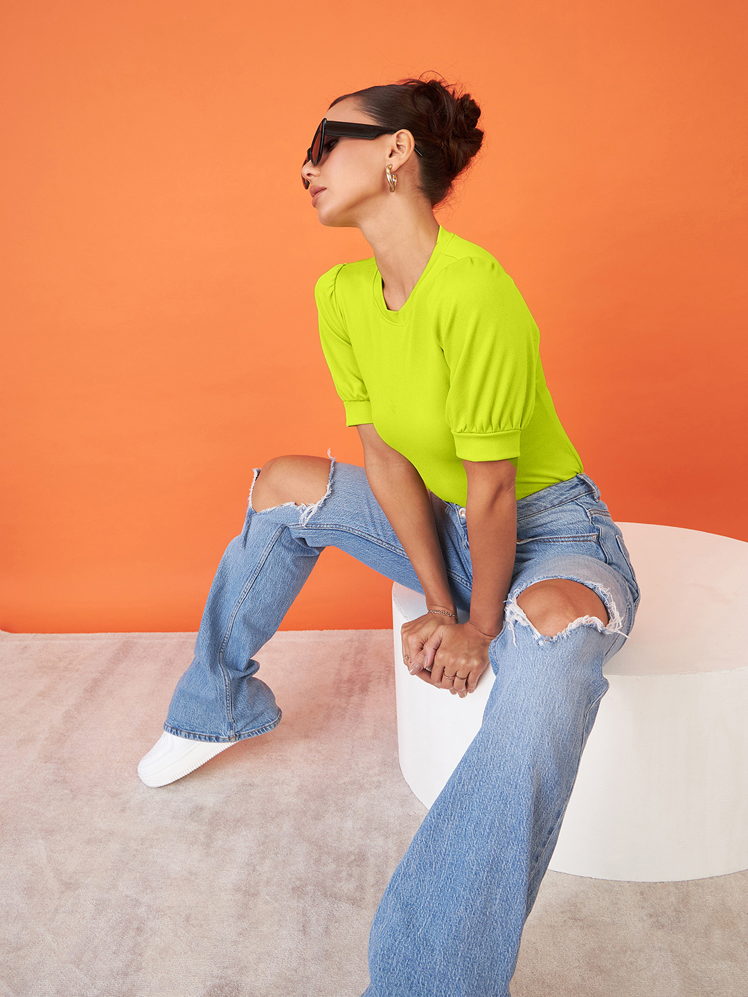 Cotton Solid Stretchable High Neck Puff Sleeve Top - Uptownie