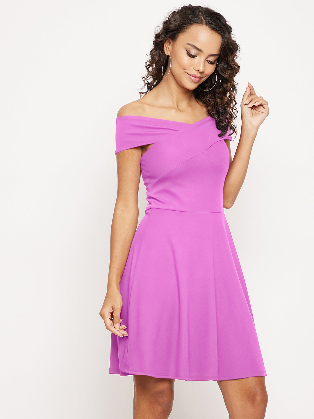 Off Shoulder Stretchable Cotton Skater Dress - Uptownie