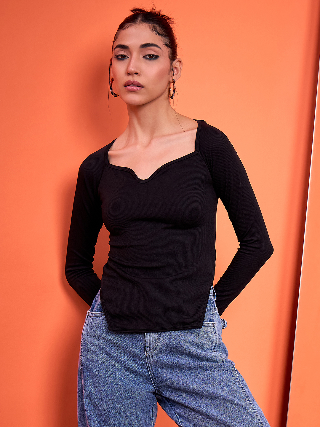 Stretchable Ribbed Sweetheart Neck Top - Uptownie