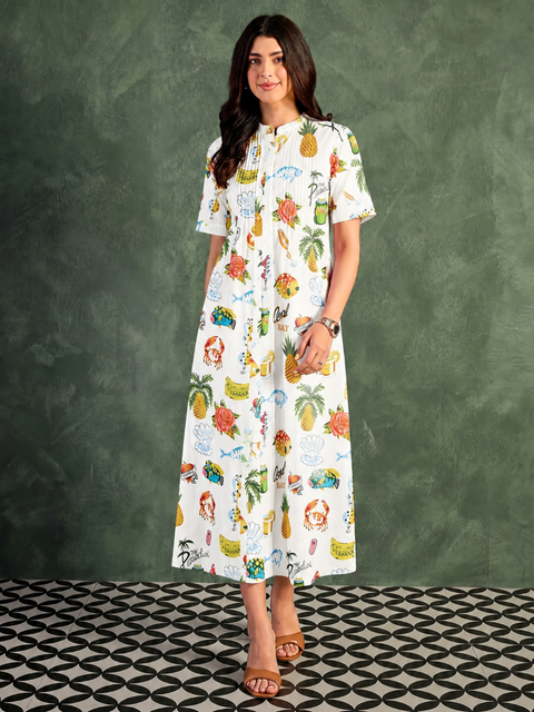 Pure Cotton Front Pleated A-Line Dress (with Lining)