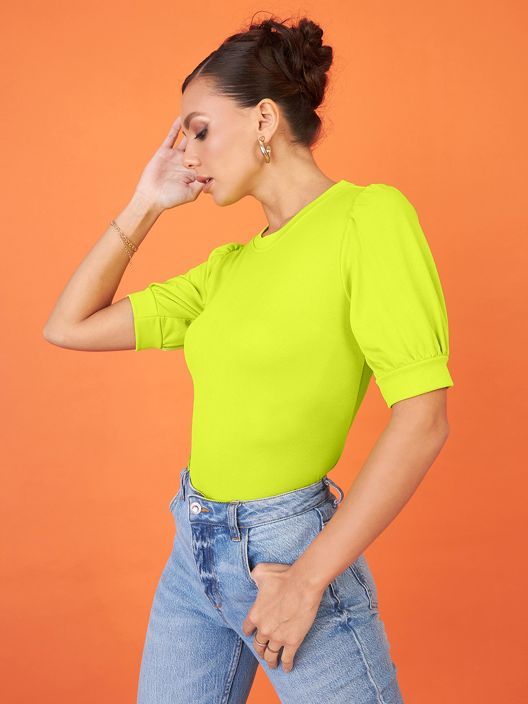 Cotton Solid Stretchable High Neck Puff Sleeve Top - Uptownie
