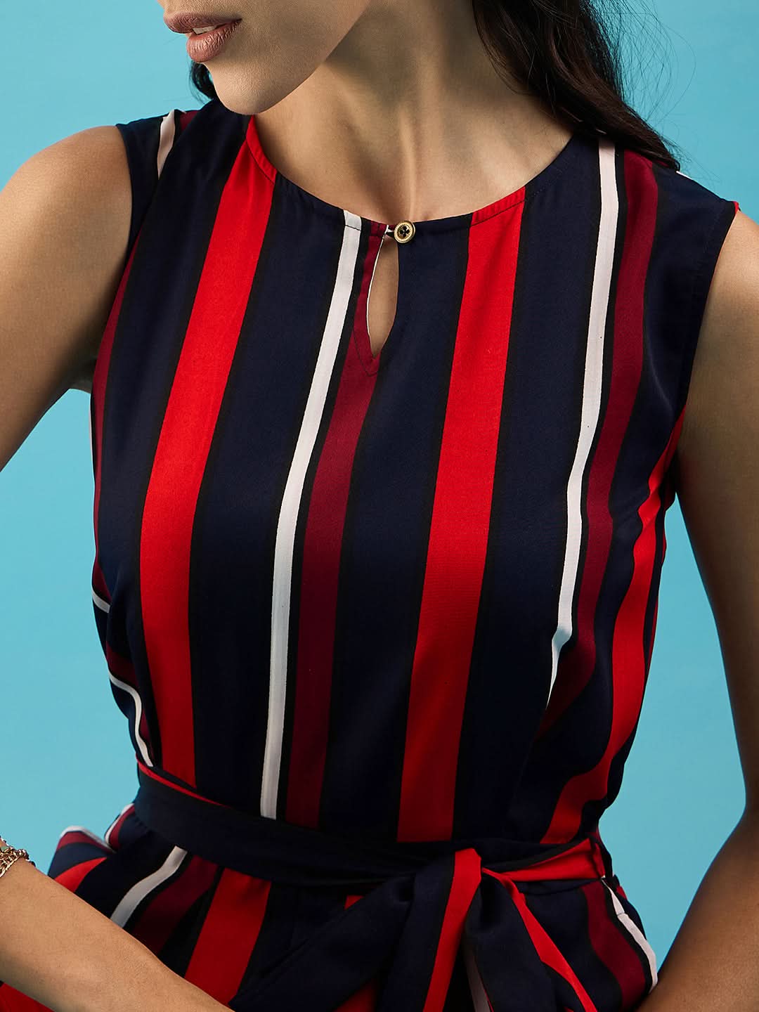 Striped Keyhole Jumpsuit with Belt - Uptownie