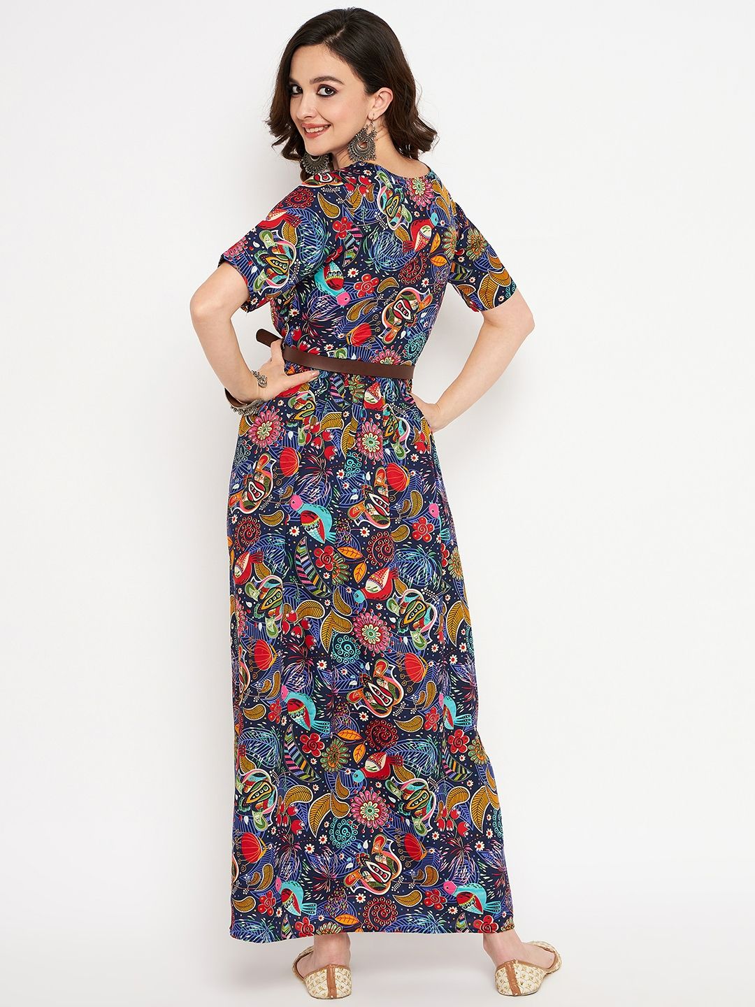 Printed Maxi Dress with Belt - Uptownie