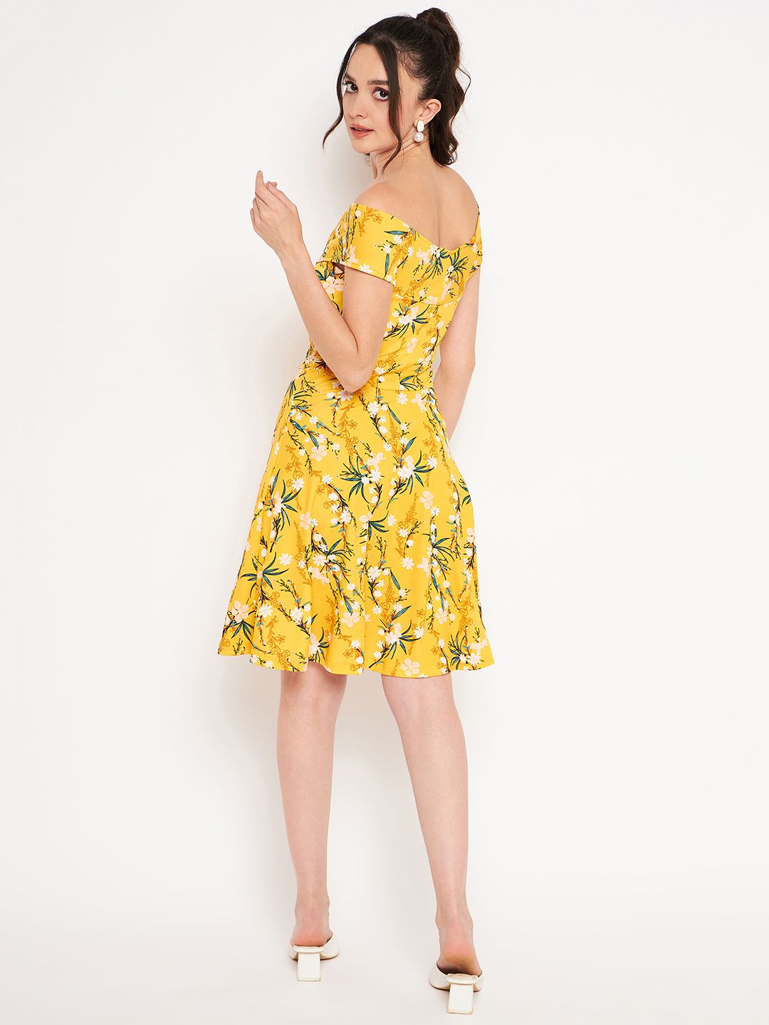 Off Shoulder Stretchable Cotton Skater Dress - Uptownie