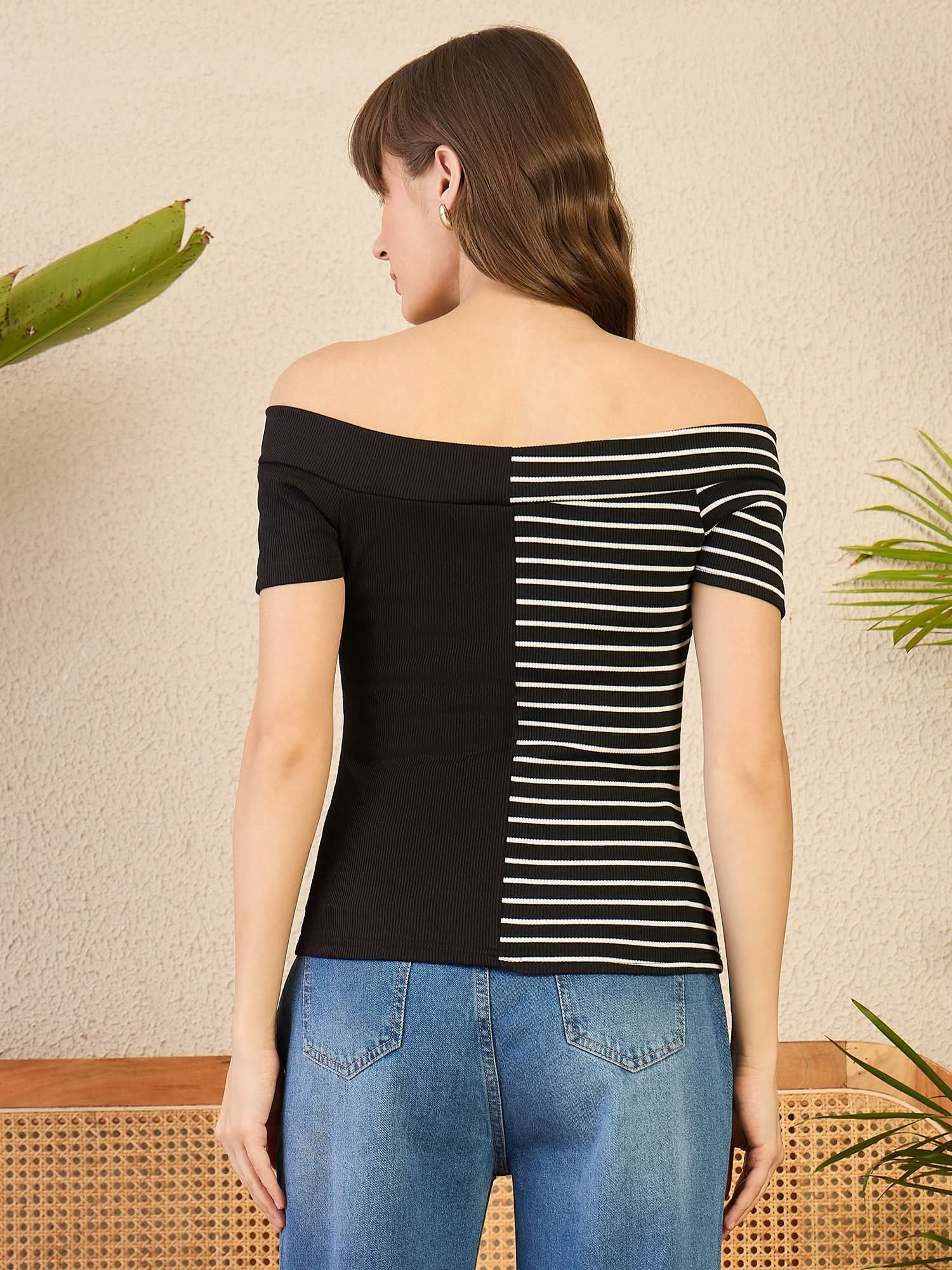 Colorblock Striped Off Shoulder Ribbed Top - Uptownie