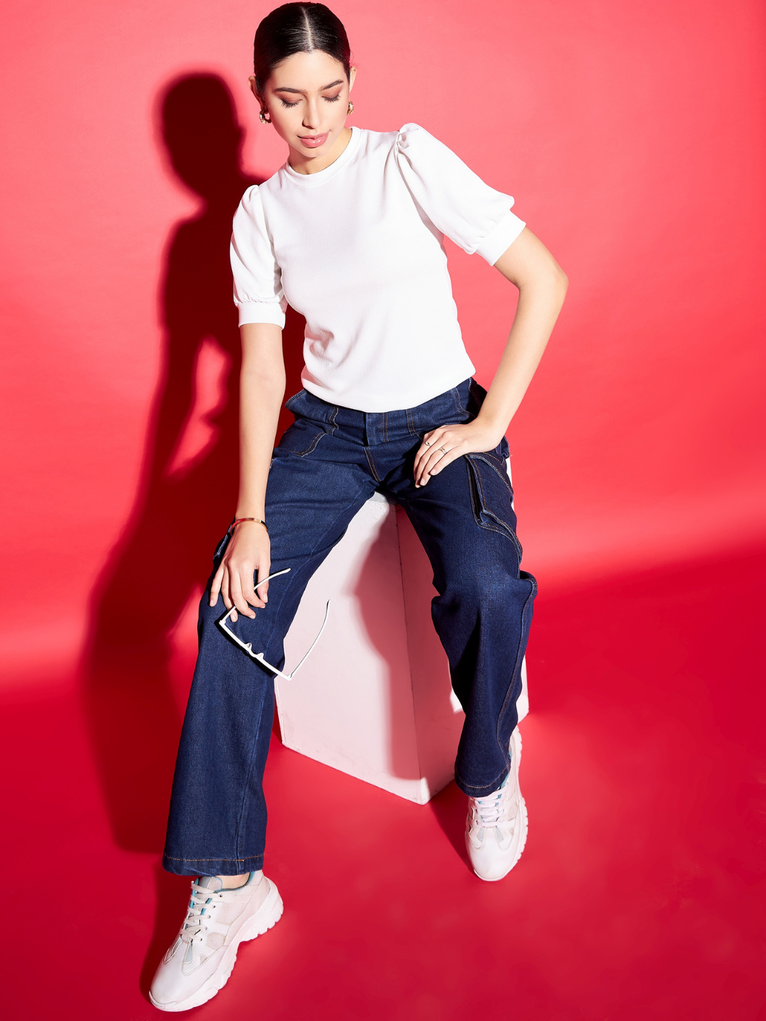 Cotton Solid Stretchable High Neck Puff Sleeve Top - Uptownie