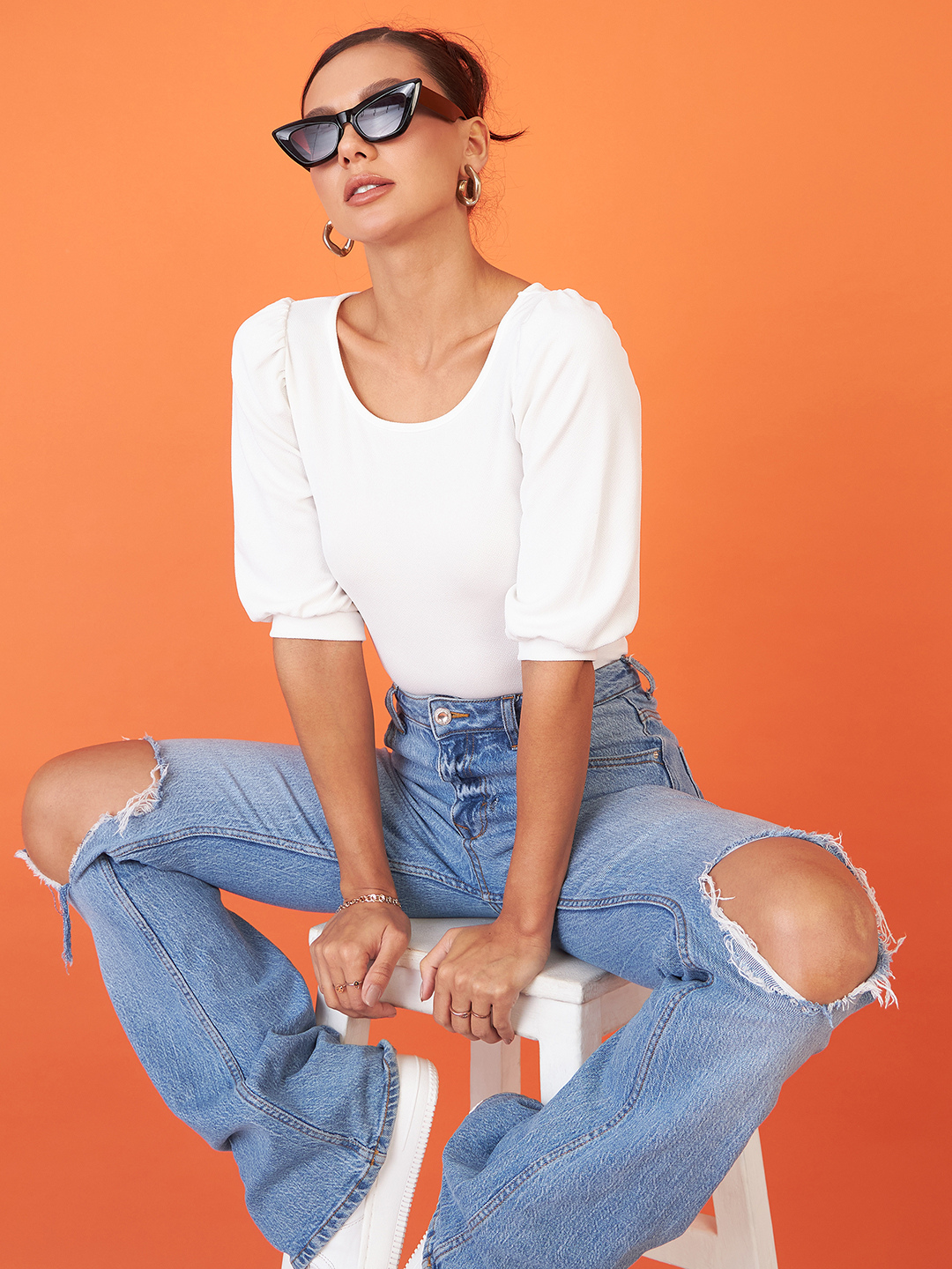 Cotton Solid Stretchable Round Neck Puff Sleeve Top - Uptownie