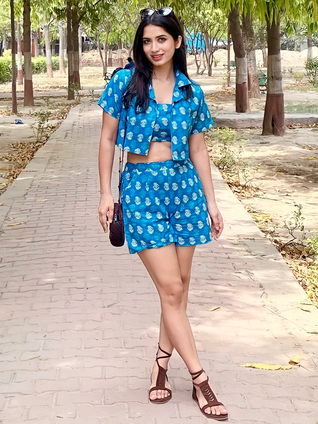 Cotton Two Piece Shorts and Cropped Shirt Co-ord Set - Uptownie