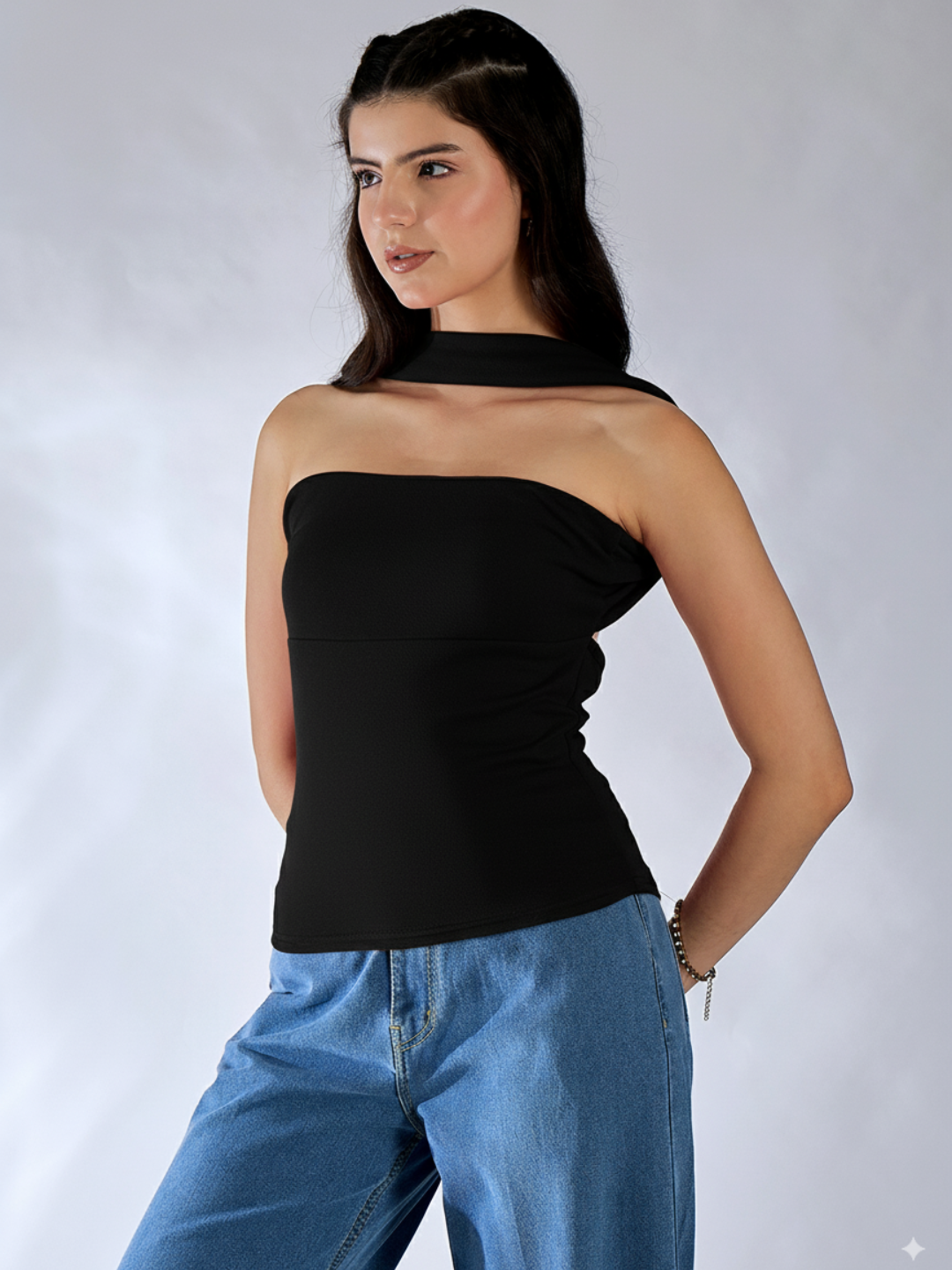 Stretchable Strapless Scarf Neck Top - Uptownie