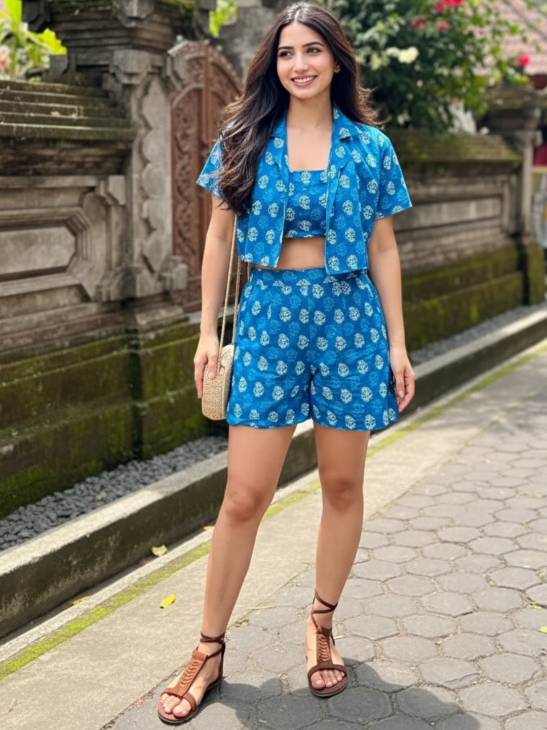 Cotton Two Piece Shorts and Cropped Shirt Co-ord Set - Uptownie