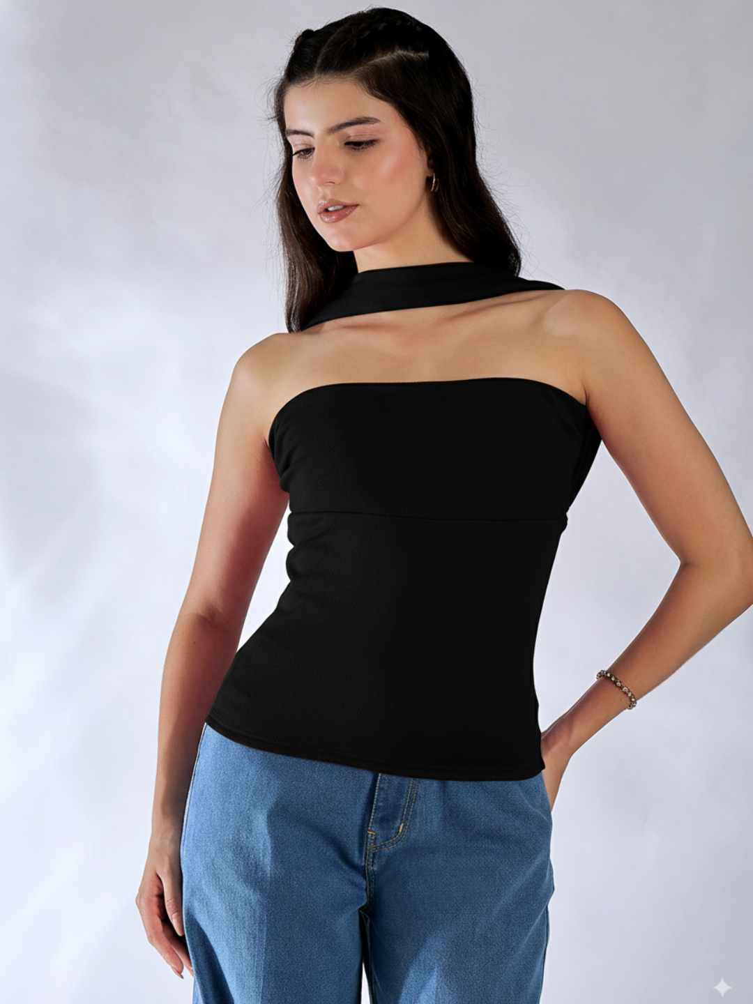 Stretchable Strapless Scarf Neck Top - Uptownie