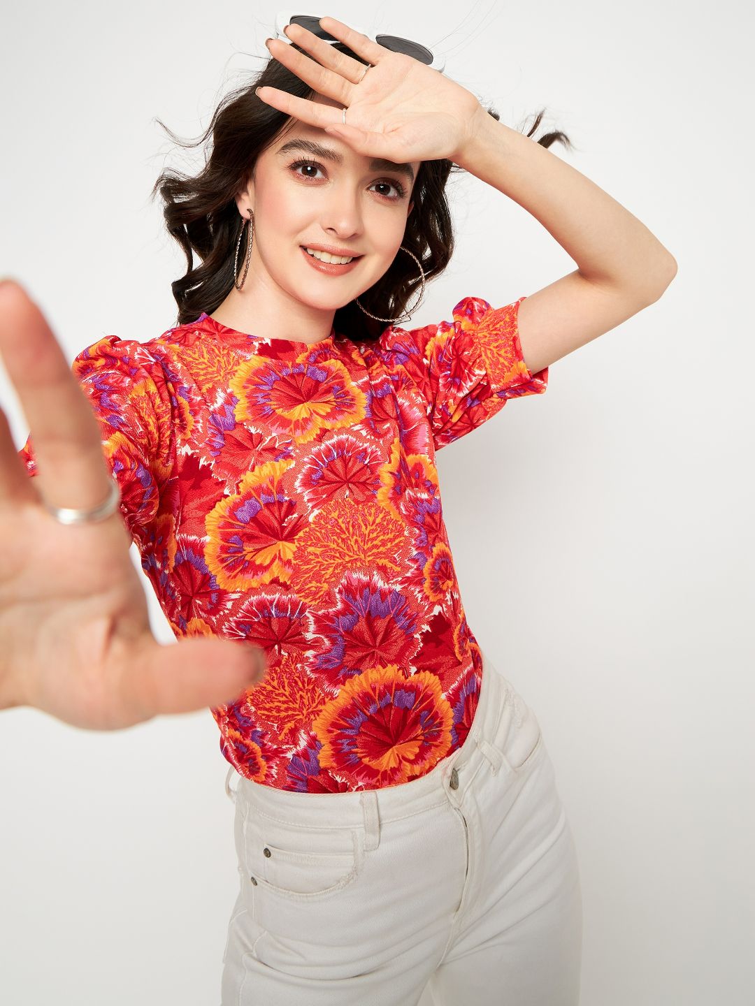 Cotton Floral Stretchable High Neck Puff Sleeve Top - Uptownie