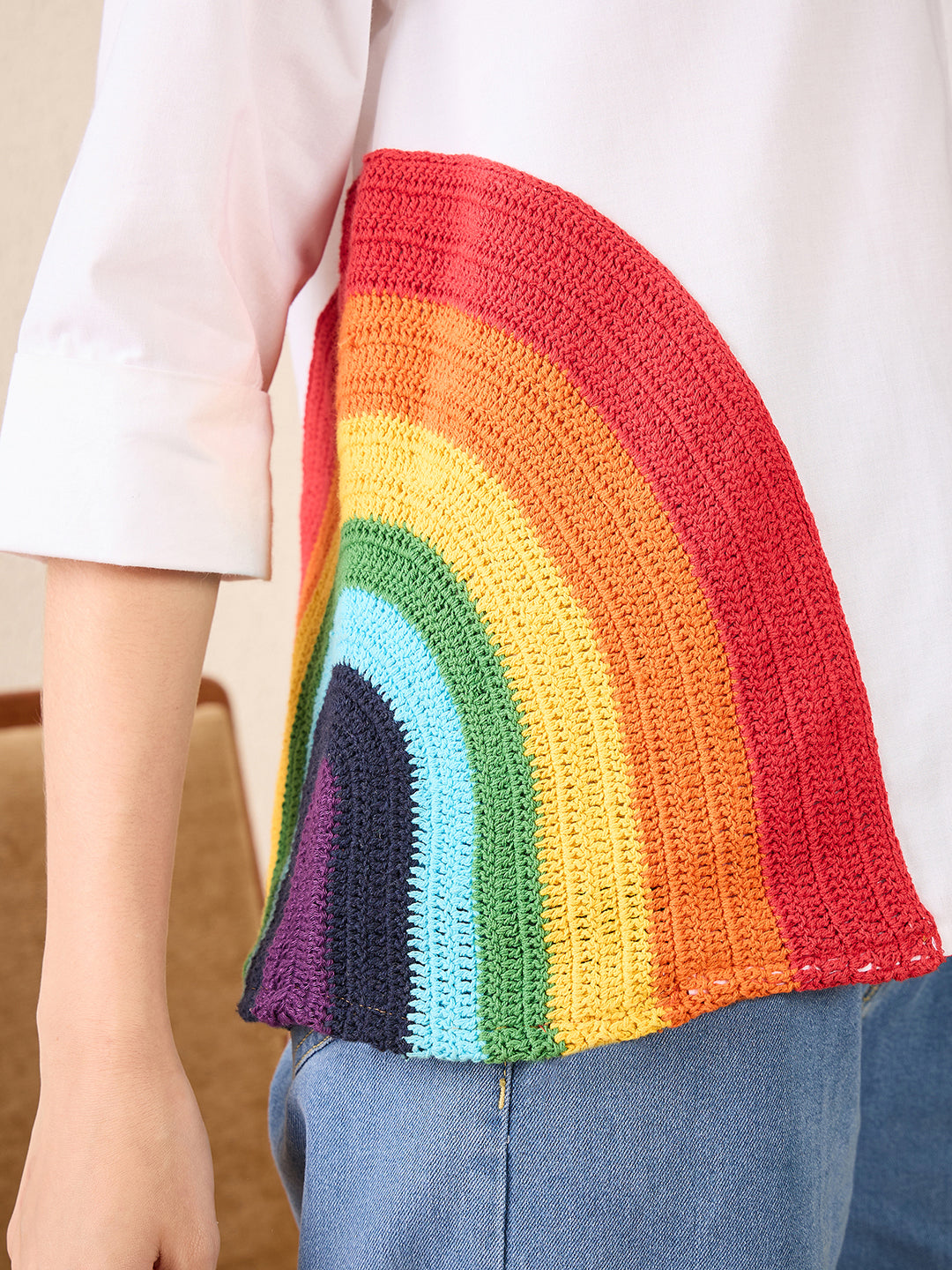 Cotton Boxy Shirt With Rainbow Crochet - Uptownie