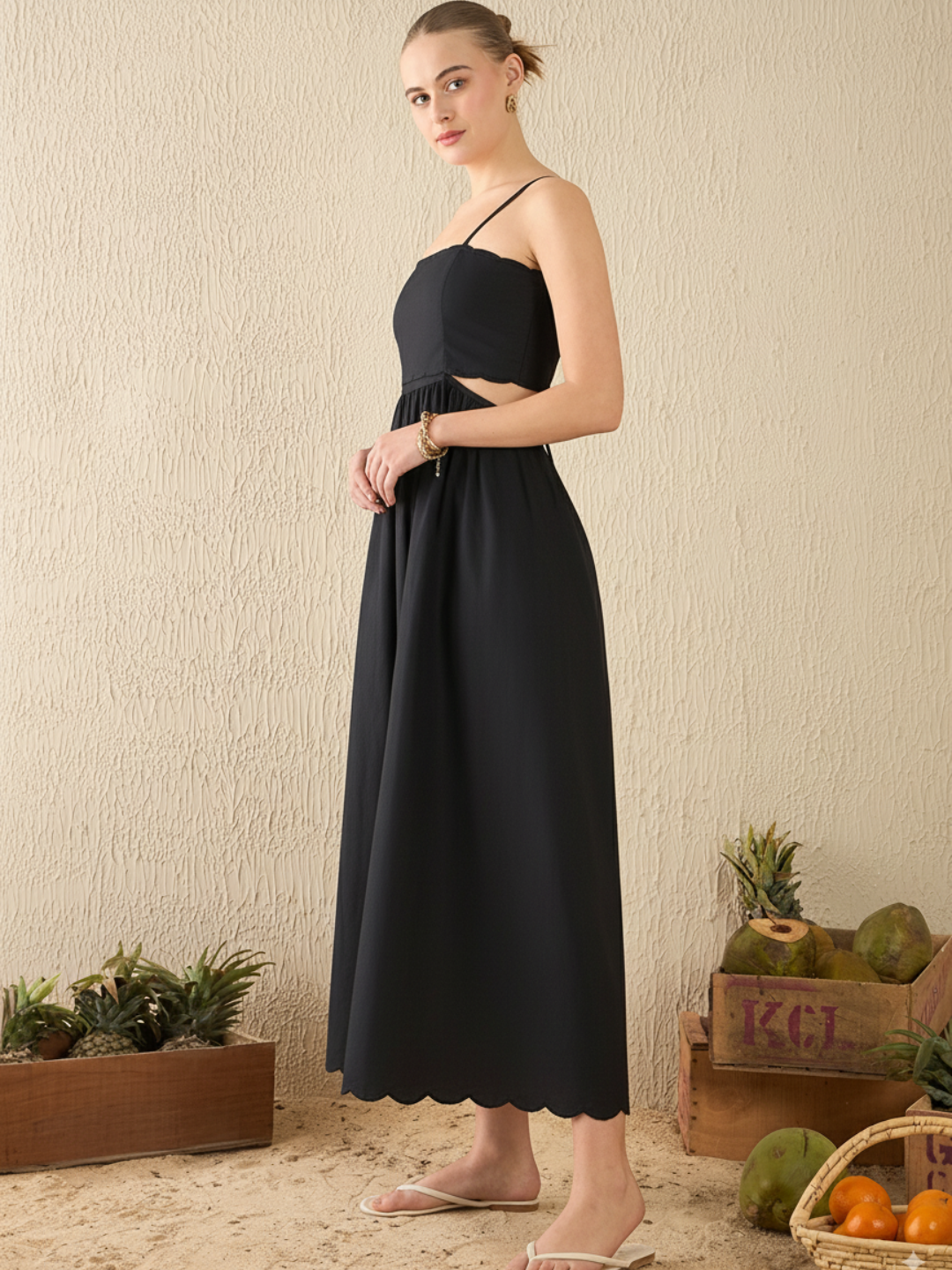 Scalloped Fit and Flare Midi Cotton Dress - Uptownie