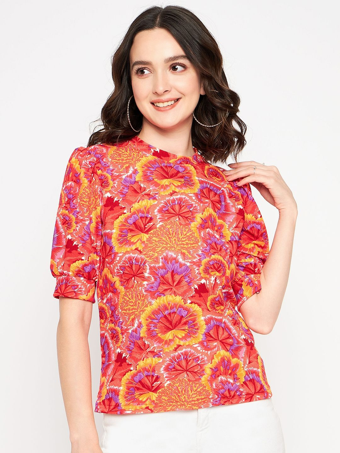 Cotton Floral Stretchable High Neck Puff Sleeve Top