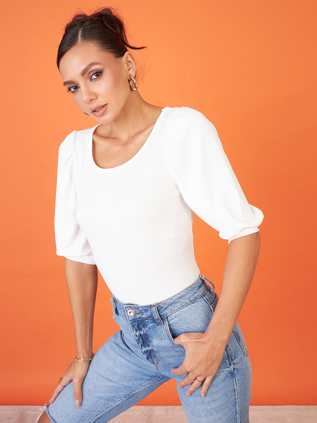 Cotton Solid Stretchable Round Neck Puff Sleeve Top - Uptownie