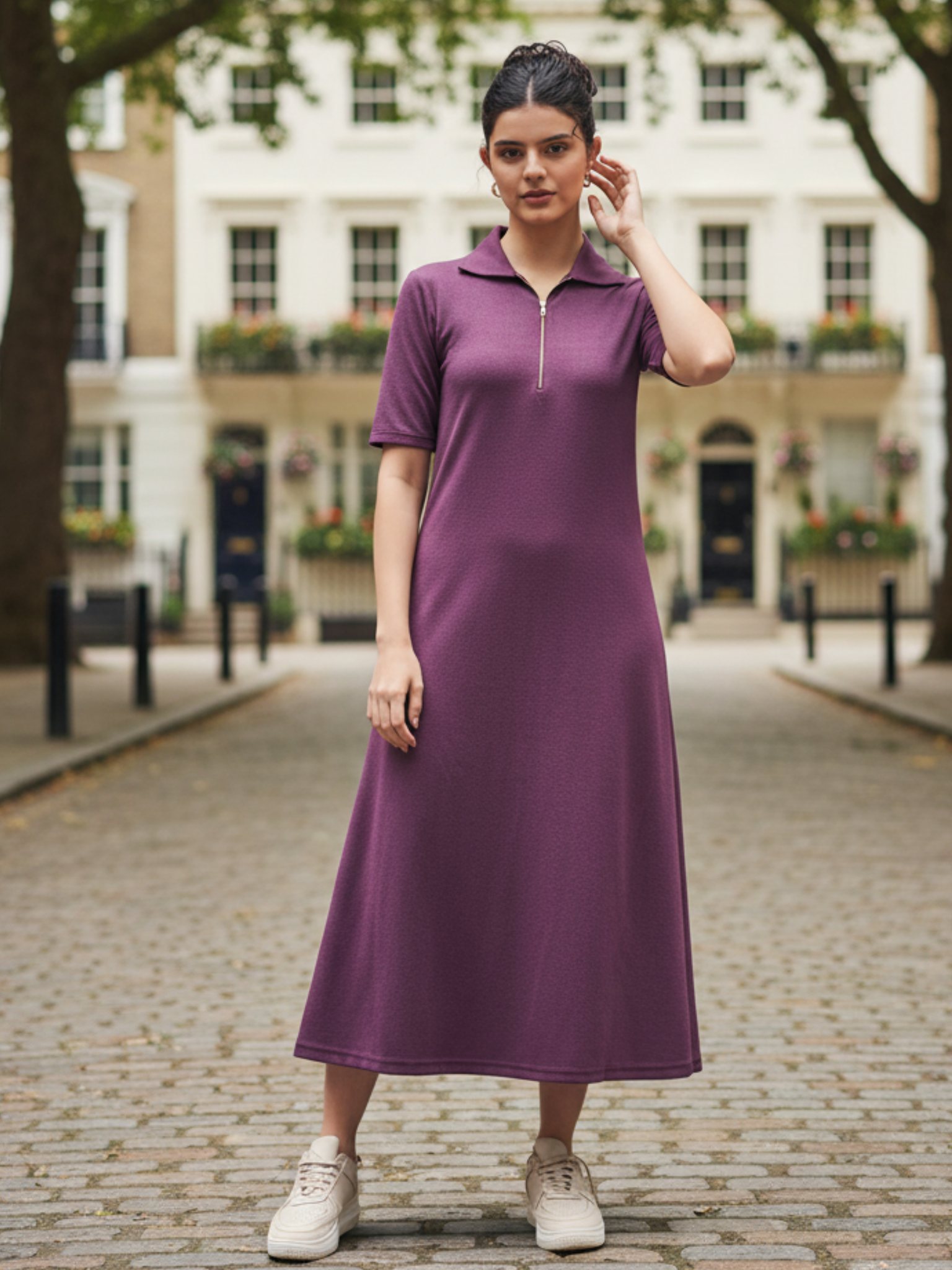 Stretchable Front Zip-up Midi Dress