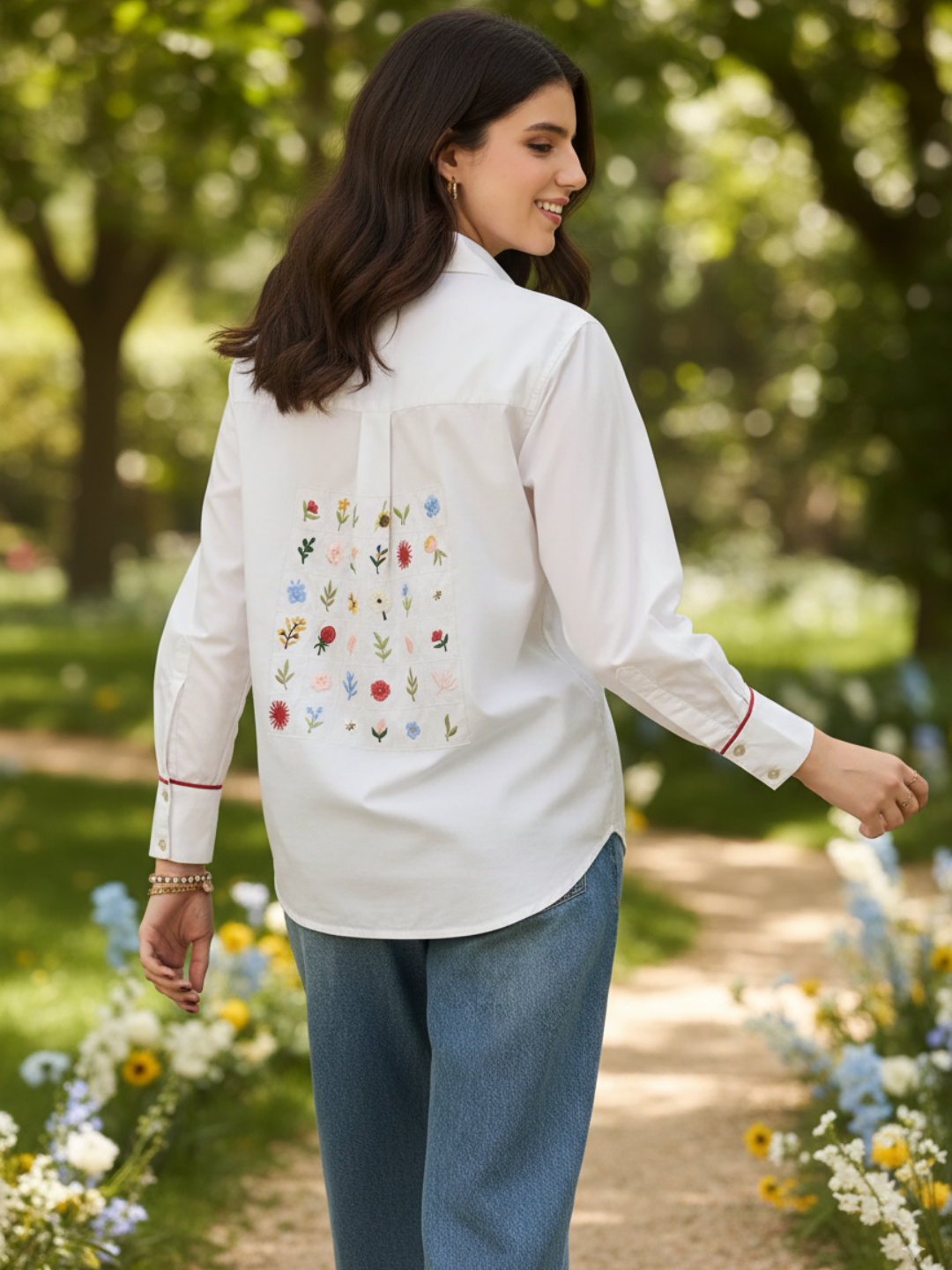 Square Grid Floral Embroidered Cotton Shirt - Uptownie