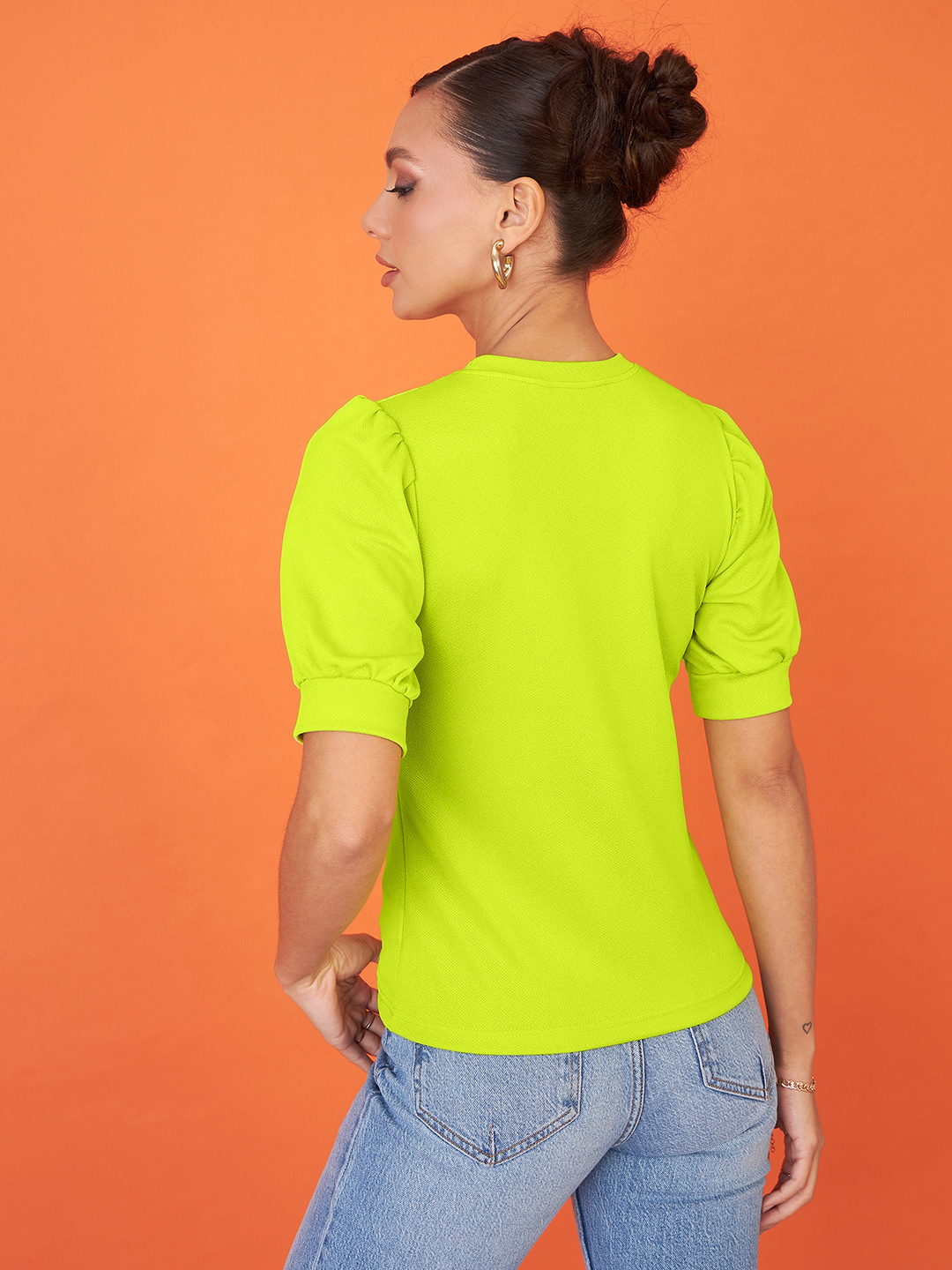 Cotton Solid Stretchable High Neck Puff Sleeve Top - Uptownie