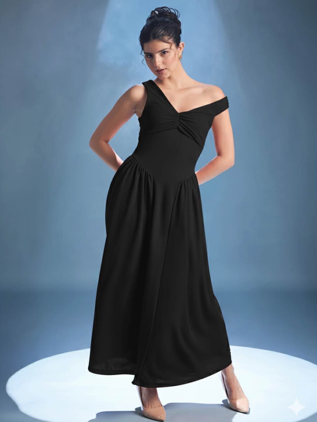 Stretchable One Shoulder Drop Waist Maxi Dress