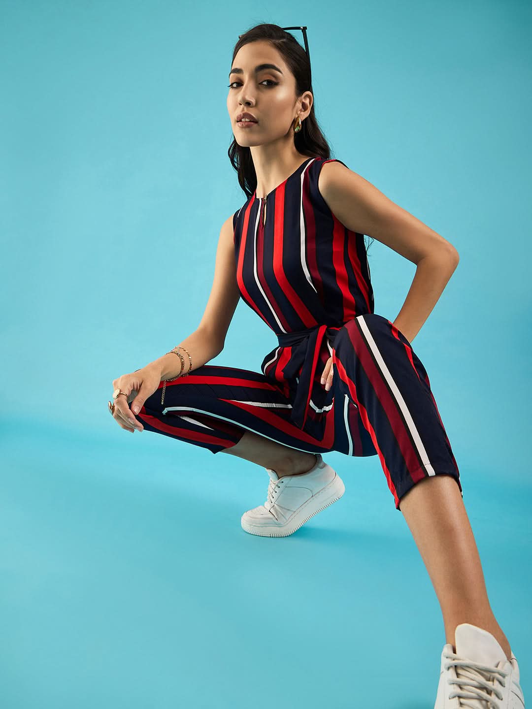Striped Keyhole Jumpsuit with Belt - Uptownie