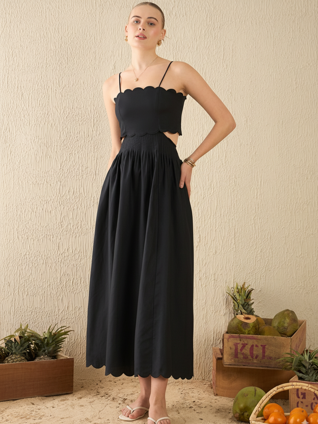 Scalloped Fit and Flare Midi Cotton Dress - Uptownie