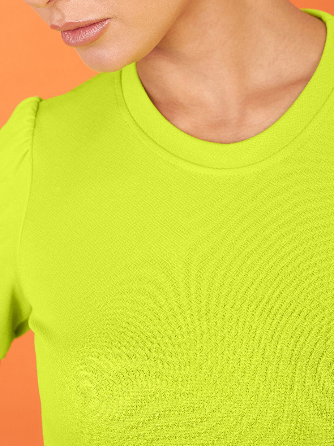 Cotton Solid Stretchable High Neck Puff Sleeve Top - Uptownie