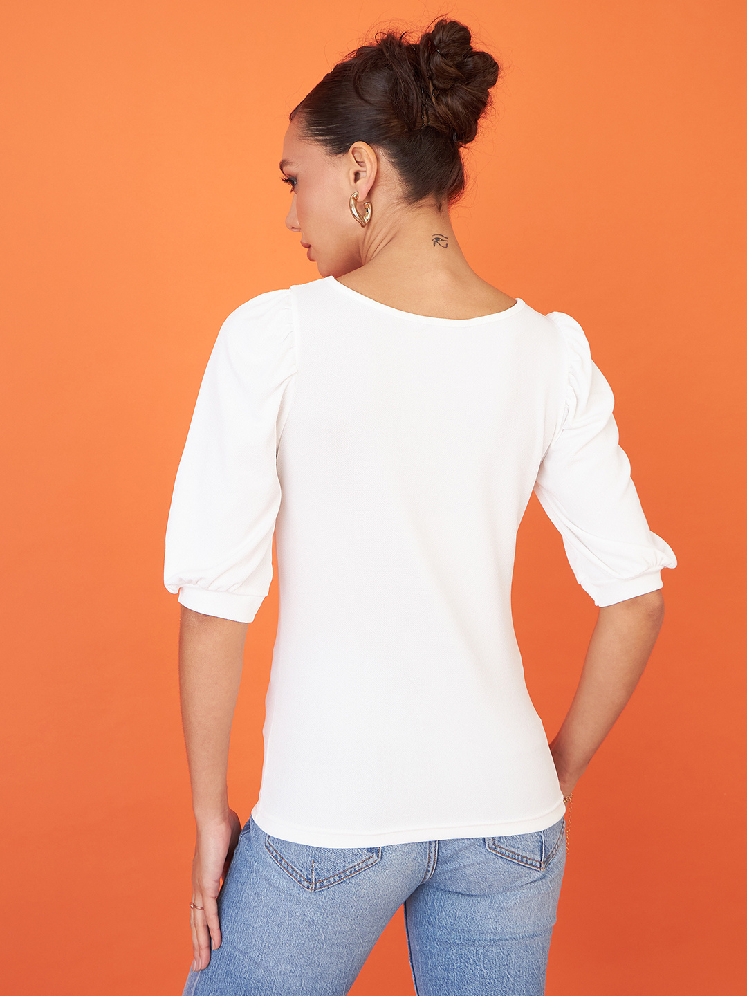 Cotton Solid Stretchable Round Neck Puff Sleeve Top - Uptownie