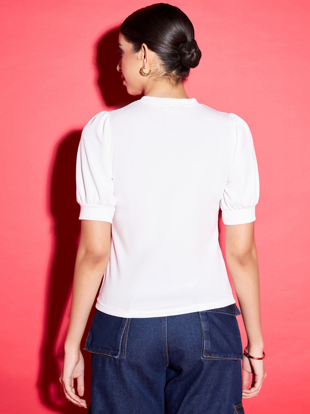 Cotton Solid Stretchable High Neck Puff Sleeve Top - Uptownie