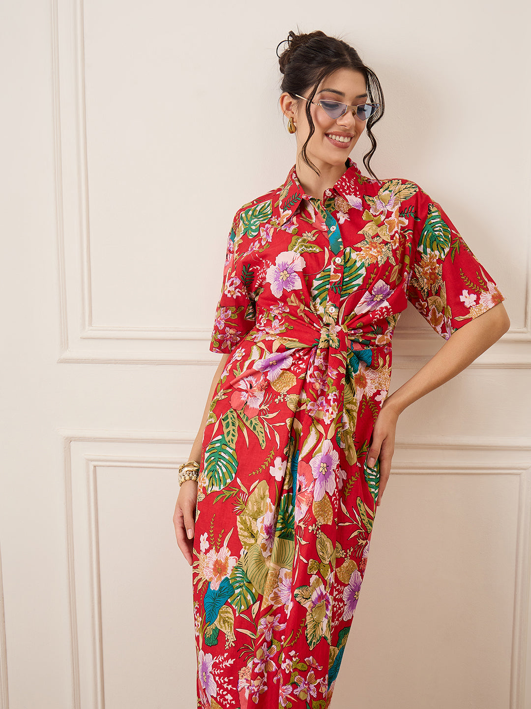 Cotton Twisted Shirt Midi Dress - Uptownie