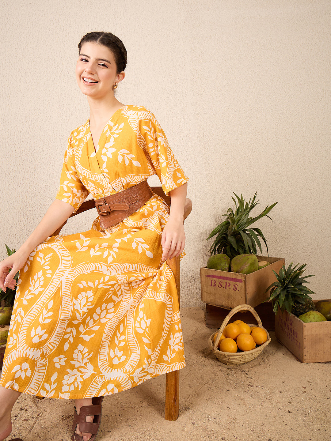 V-neck Cotton Midi Dress - Uptownie