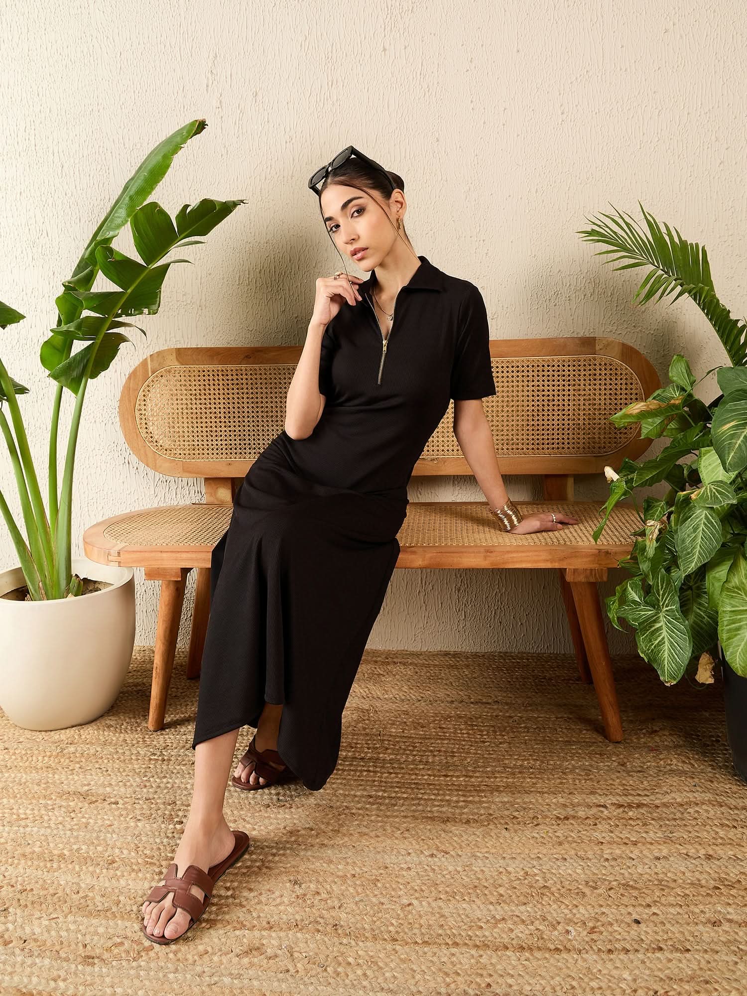front zip midi dress Stretchable Front Zip-up Midi Dress