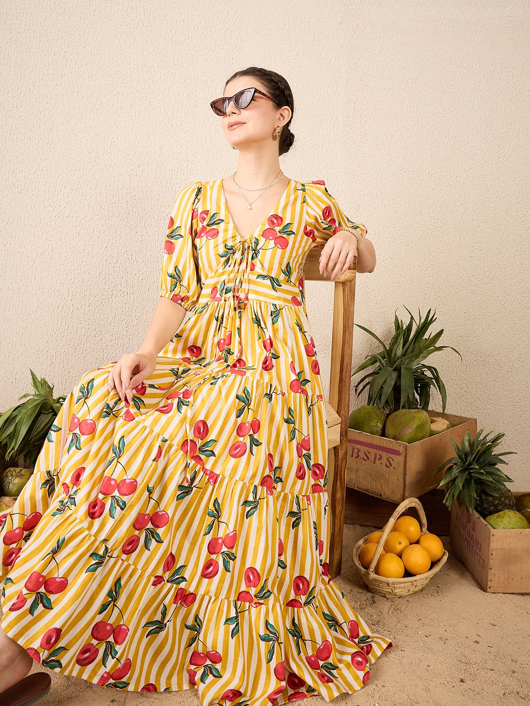 Cotton Neck Tie Up Tiered Maxi Dress - Uptownie