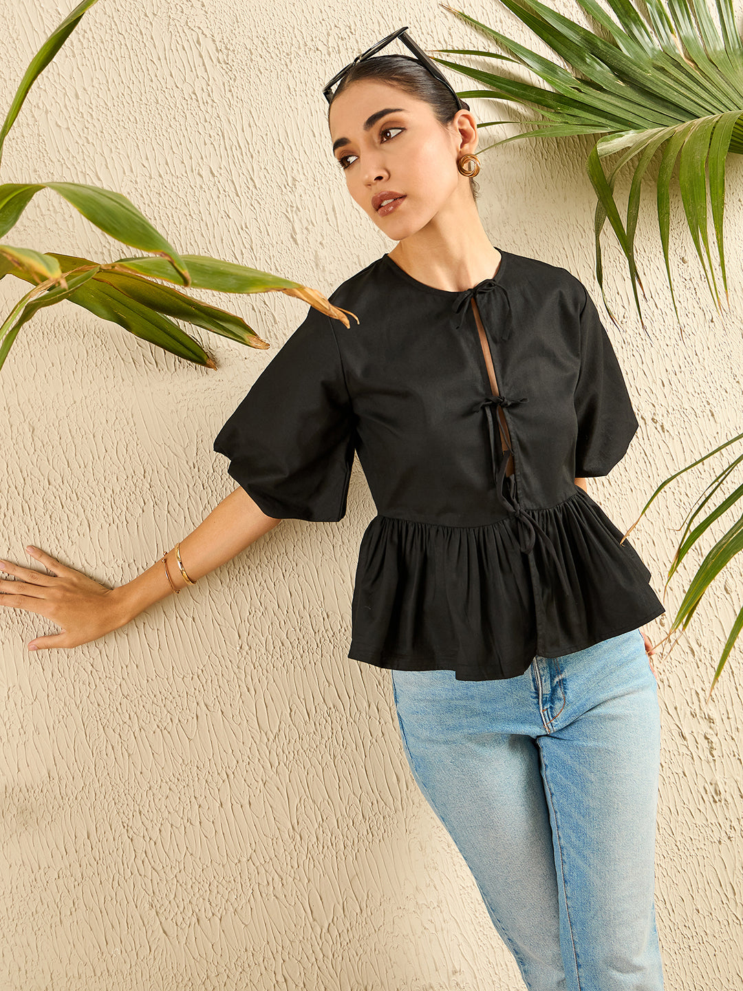 Cotton Tie-Up Peplum Top - Uptownie