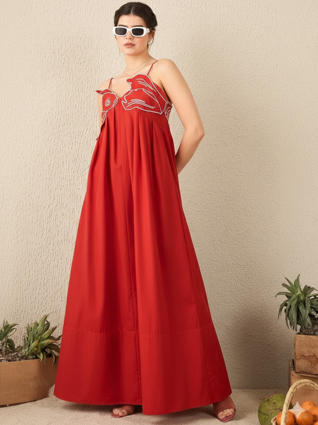 Fish Applique Cotton Maxi Dress