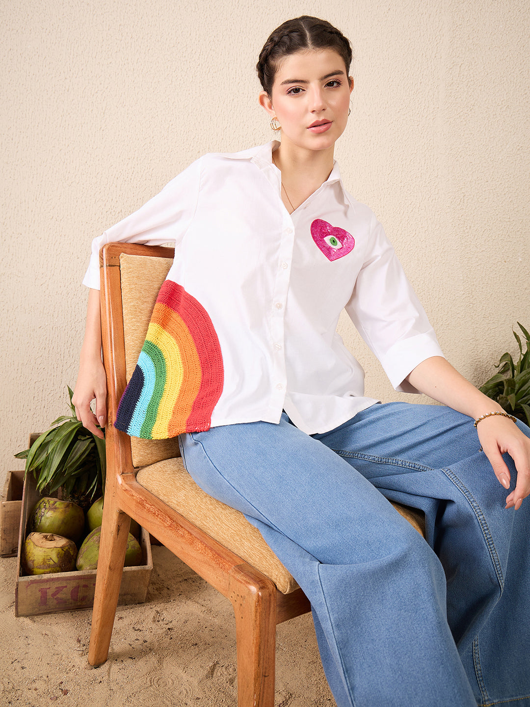 Cotton Boxy Shirt With Rainbow Crochet - Uptownie