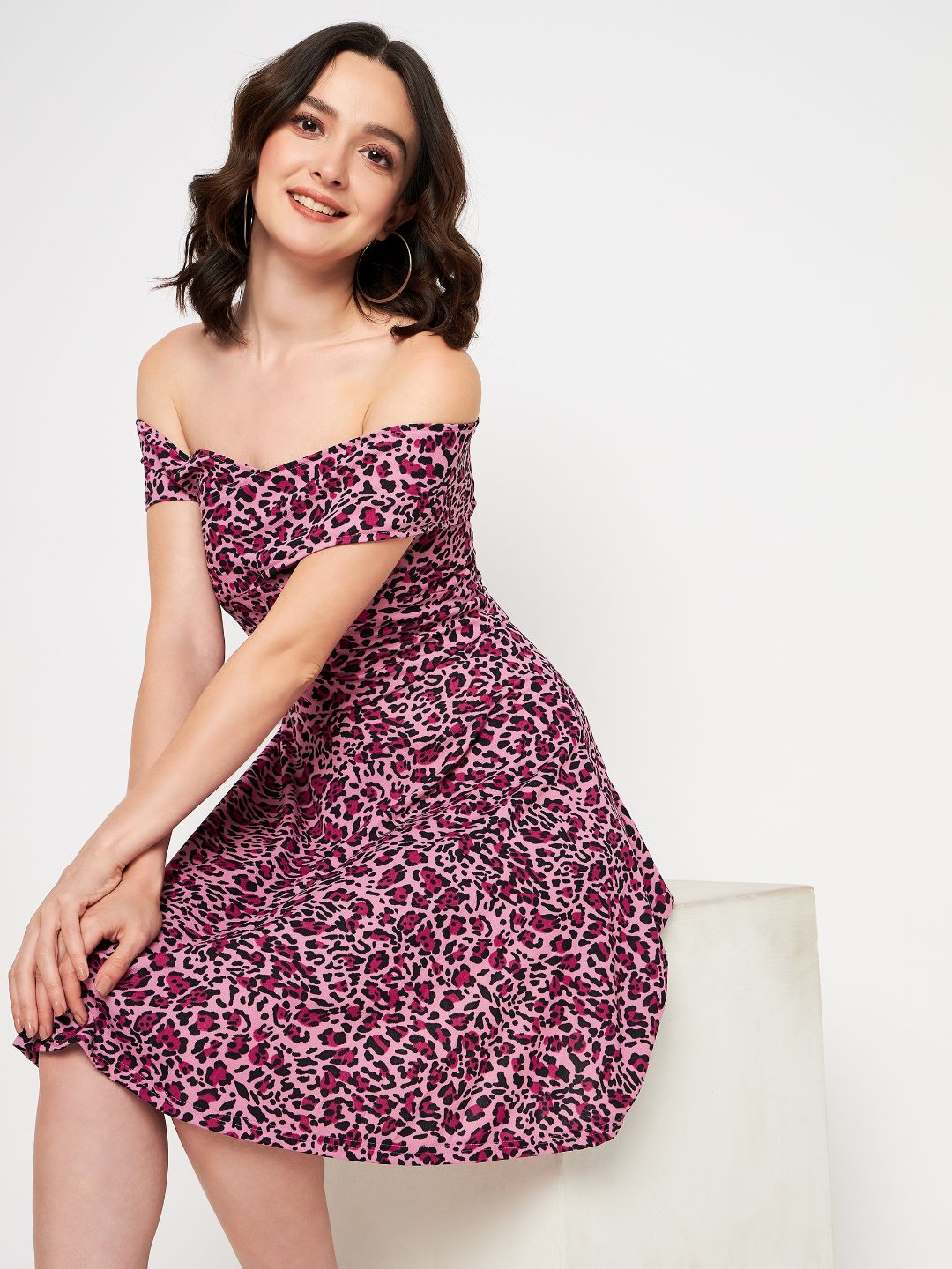 Off Shoulder Stretchable Cotton Skater Dress - Uptownie