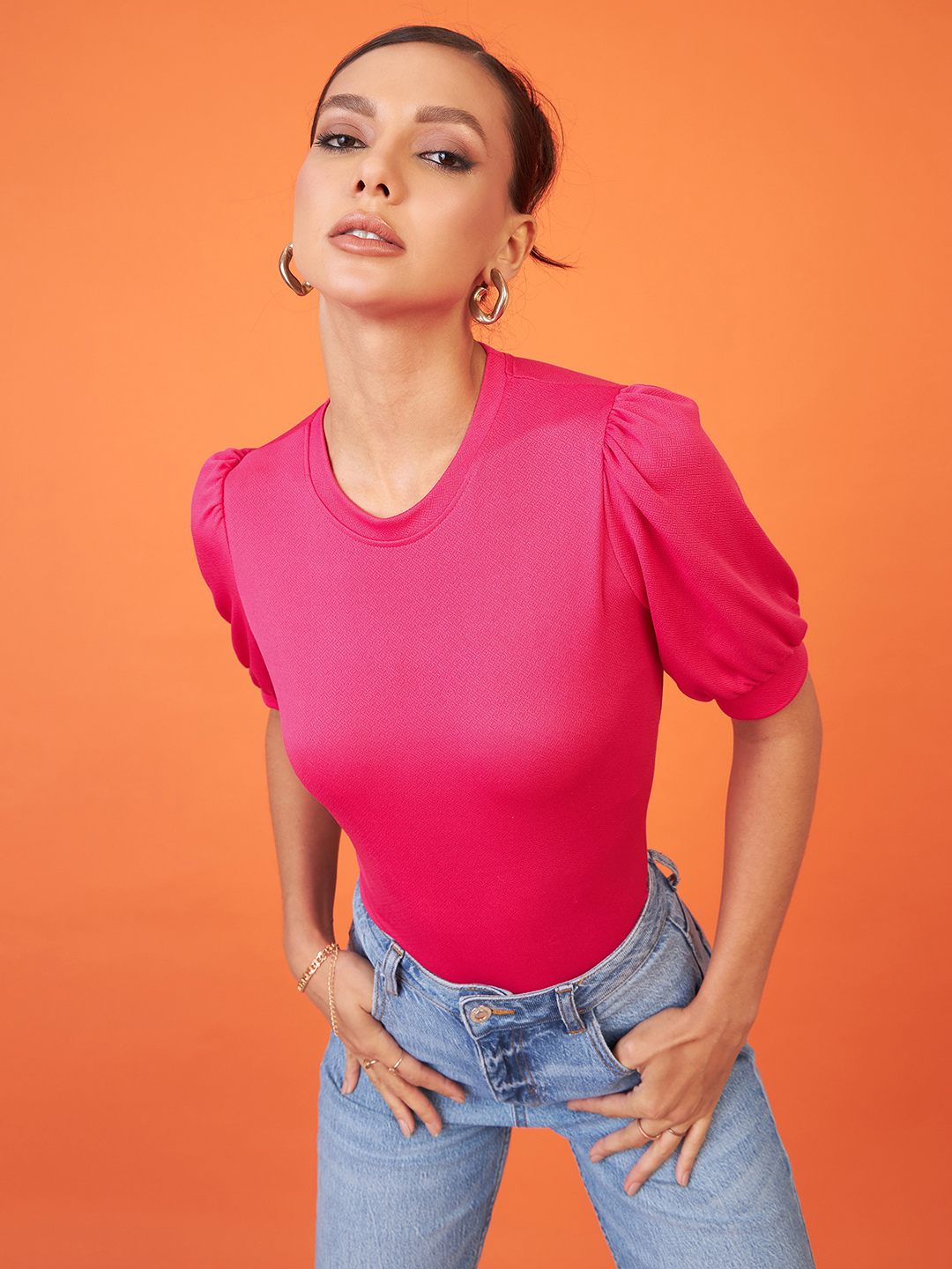 Cotton Solid Stretchable High Neck Puff Sleeve Top - Uptownie