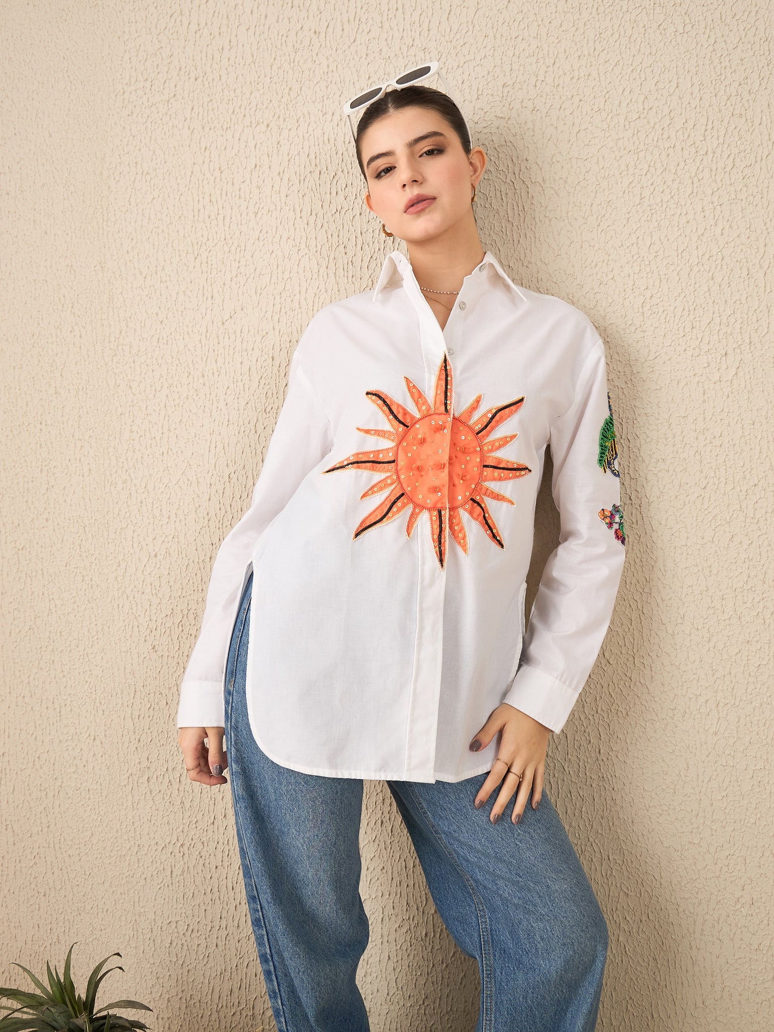 Sun & Dragon Applique Cotton Shirt - Uptownie
