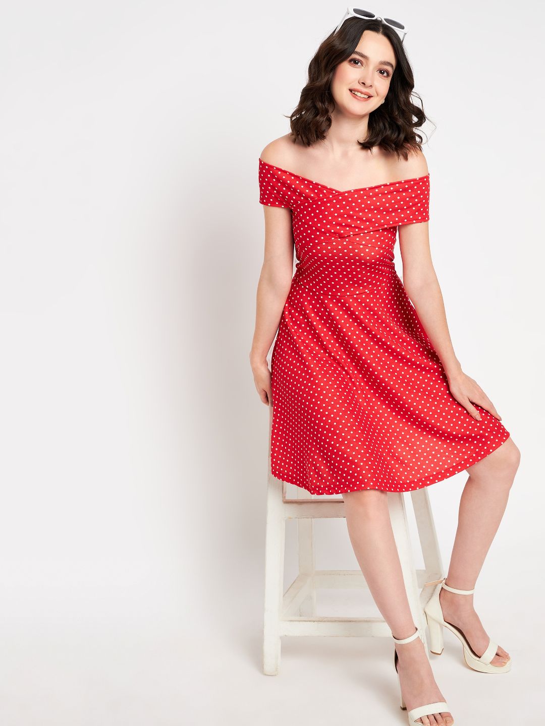 Off Shoulder Stretchable Cotton Skater Dress - Uptownie